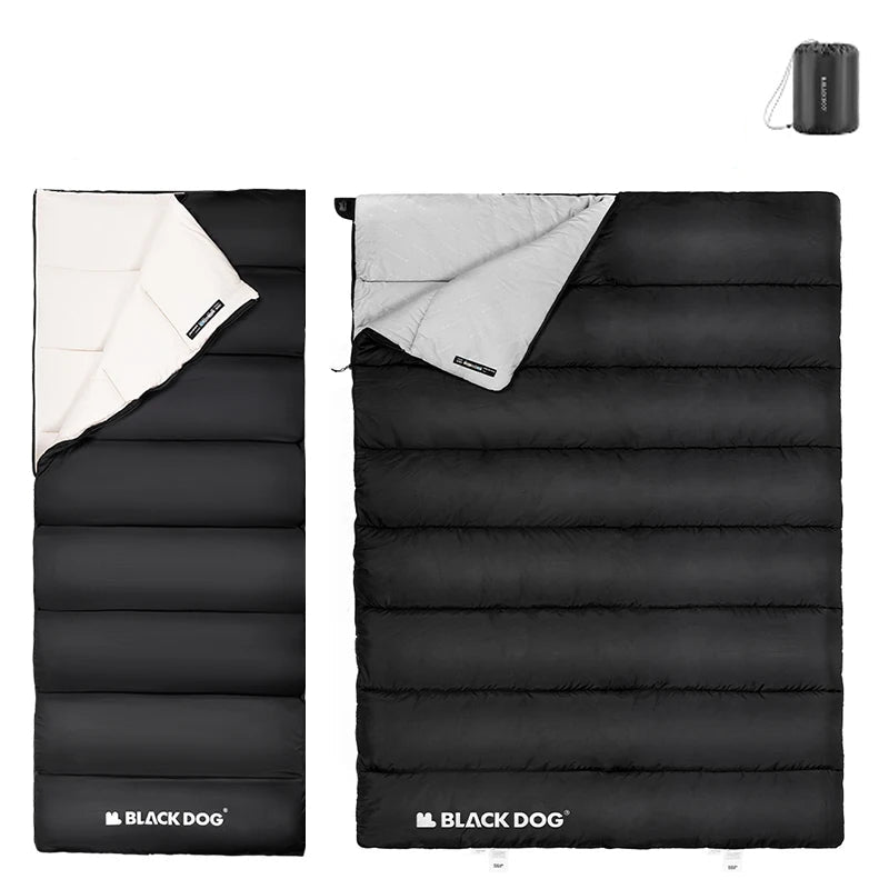 Front and back view of black cotton sleeping bag