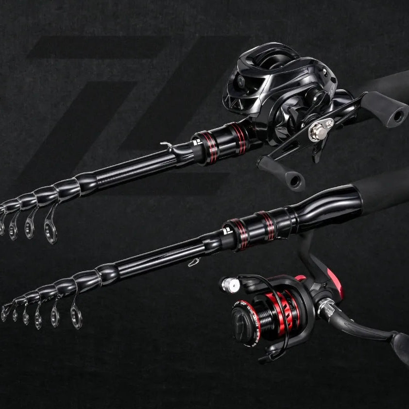 Compact black fishing rod and reel combo setup for travel or day trips
