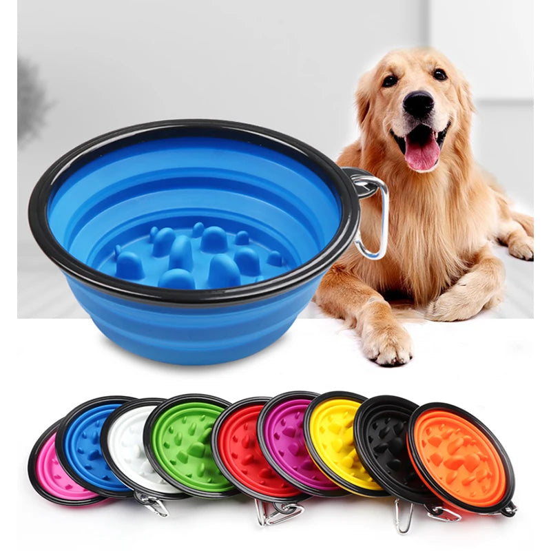 Blue collapsible slow feeder dog bowl with carabiner clip