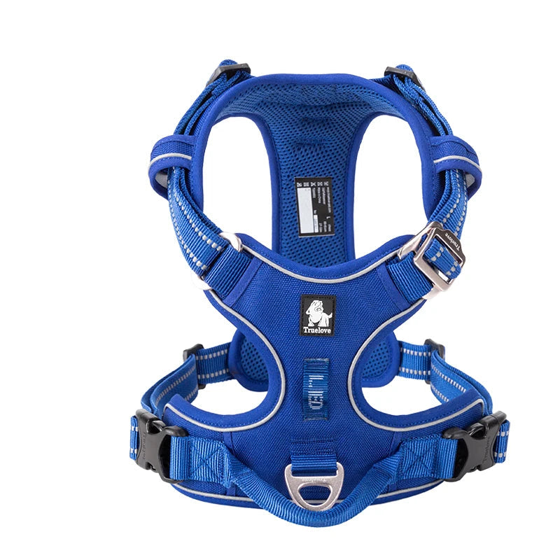 Blue padded dog harness with reflective trim and chest support