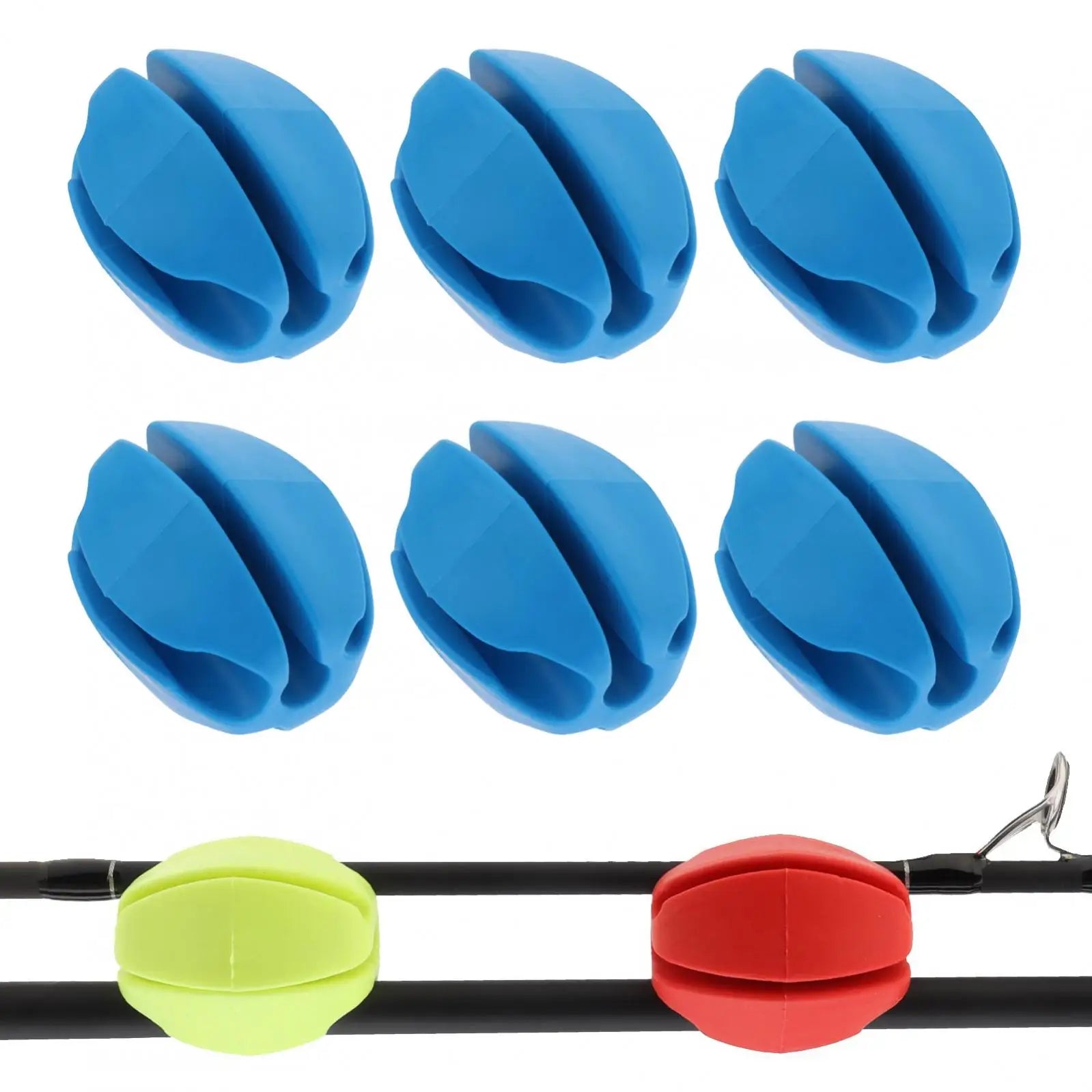 Set of blue silicone fishing rod clips shown on rods for holding multiple rod sections together