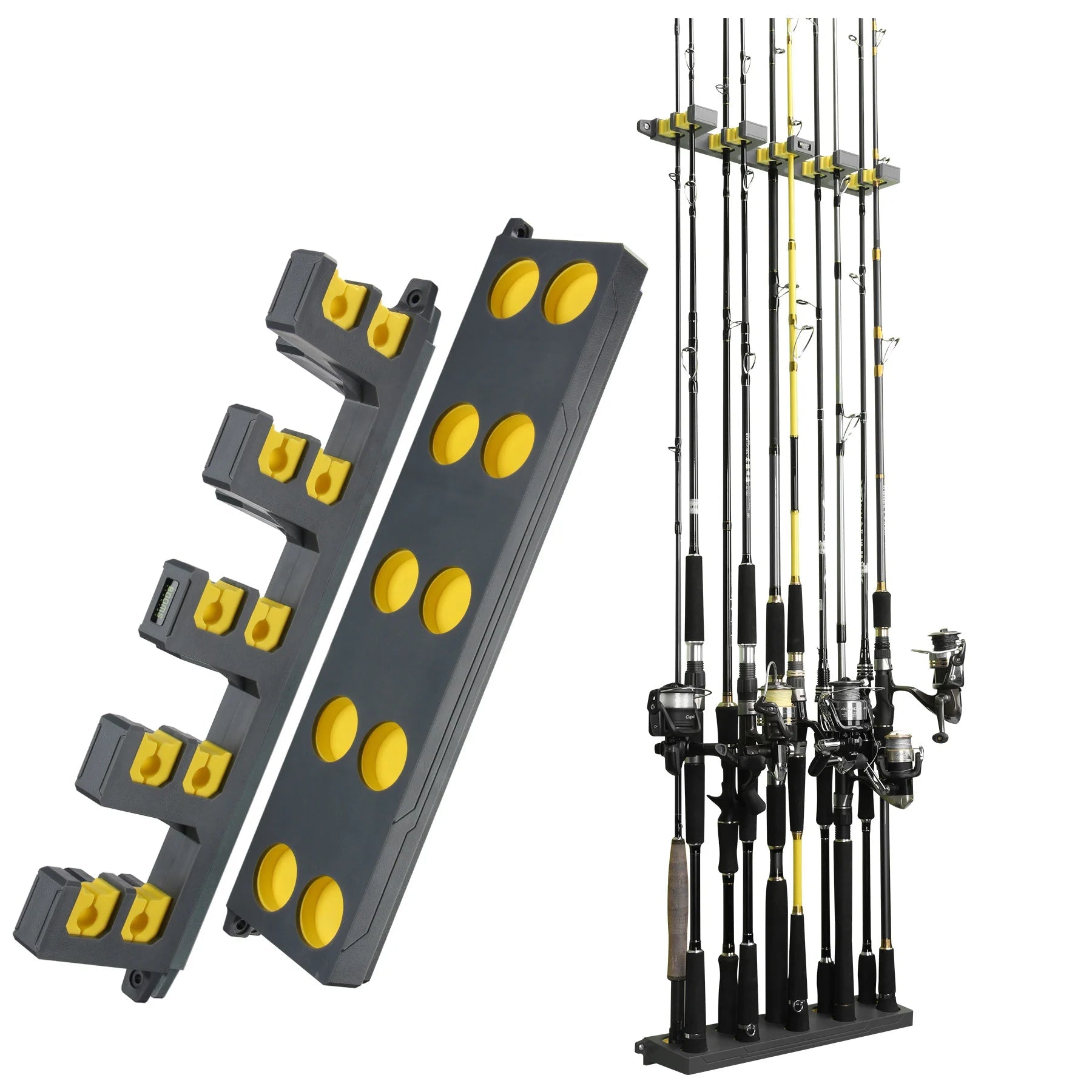 BOOMS FISHING WV4 wall-mounted rod rack with EVA foam grips holding multiple fishing rods securely