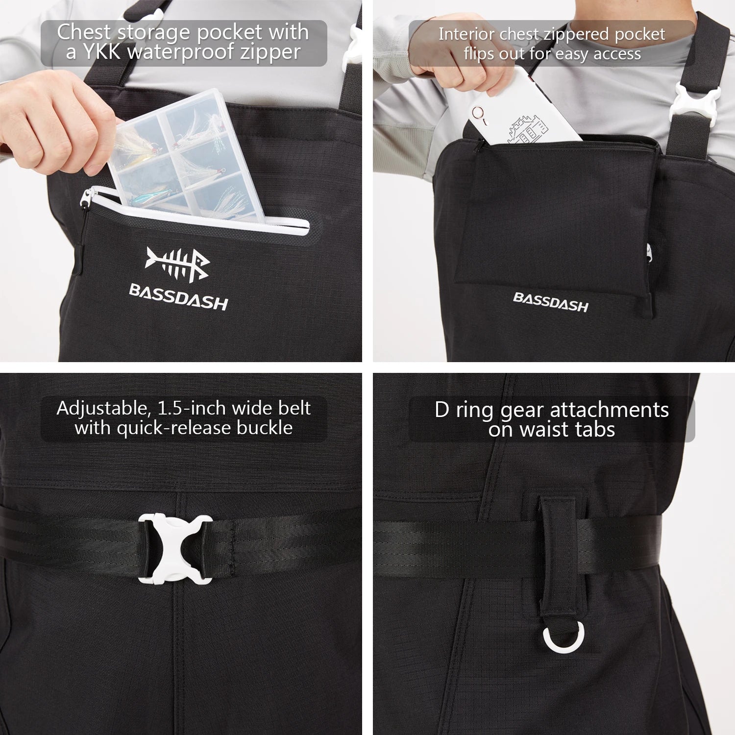 Bootfoot chest waders showing adjustable suspenders and waist belt