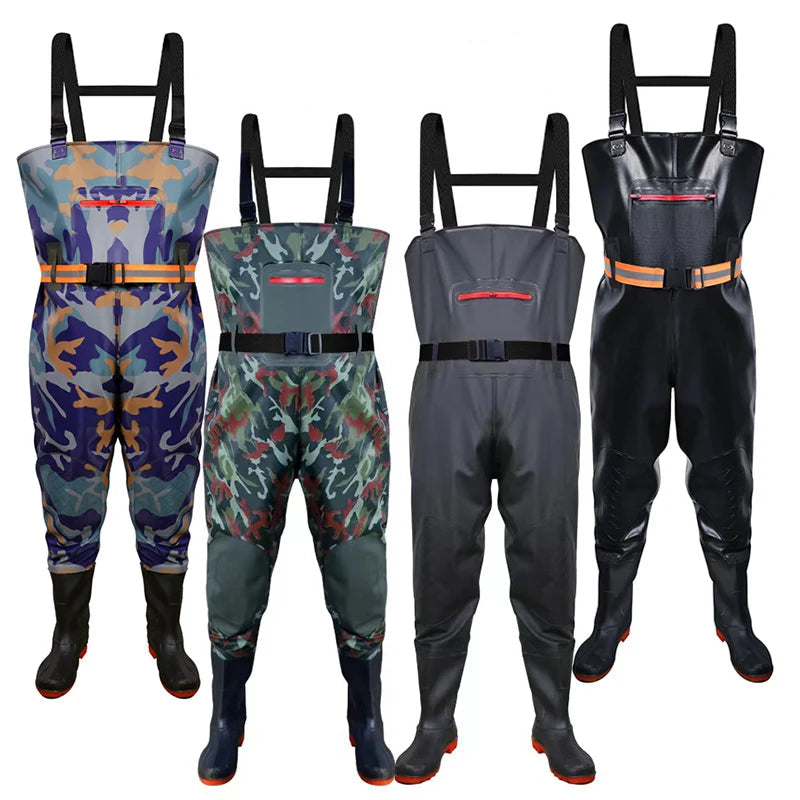 Bootfoot chest waders shown in assorted camouflage and black colour options