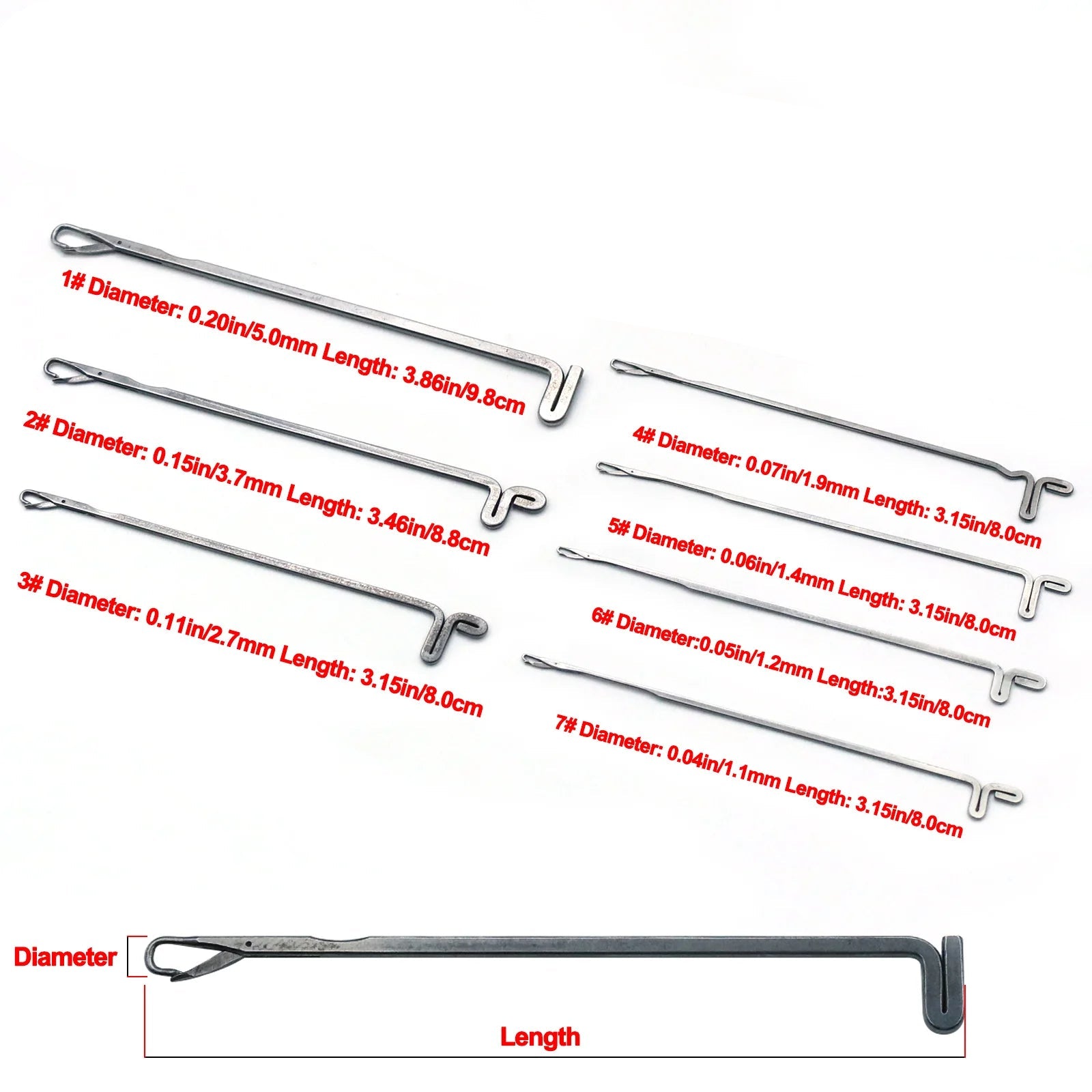 Braided fishing line splicing needle set with multiple sizes