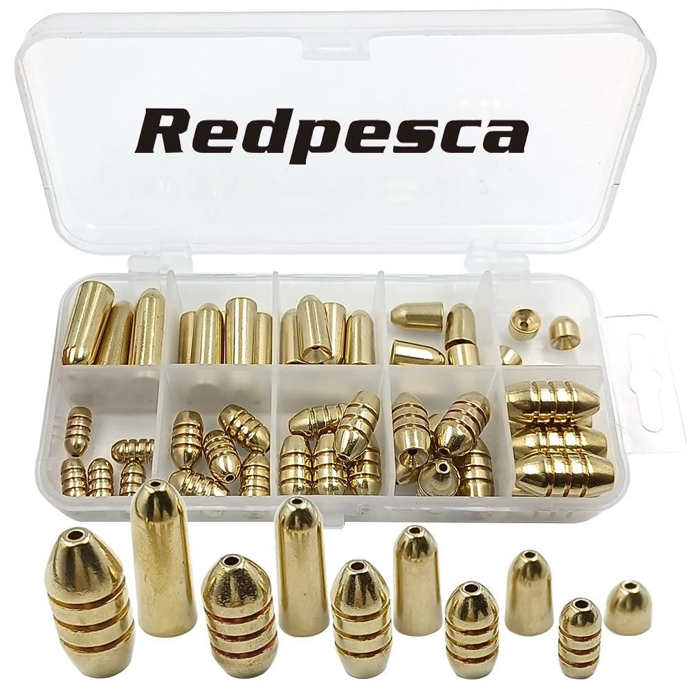 Brass bullet sinkers 50 piece set in clear tackle box