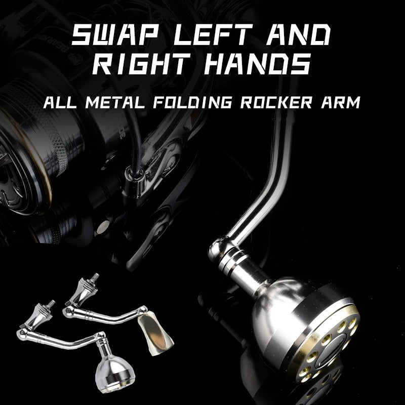 CAESAR spinning reel showing left and right hand swap function with foldable rocker arm