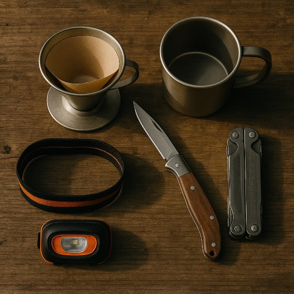Coffee-making setup with a coffee filter, mug, knife, belt, and headlamp on a wooden surface.