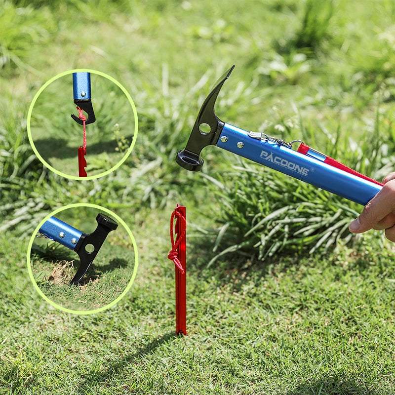 Multi tool camping hammer driving red tent peg