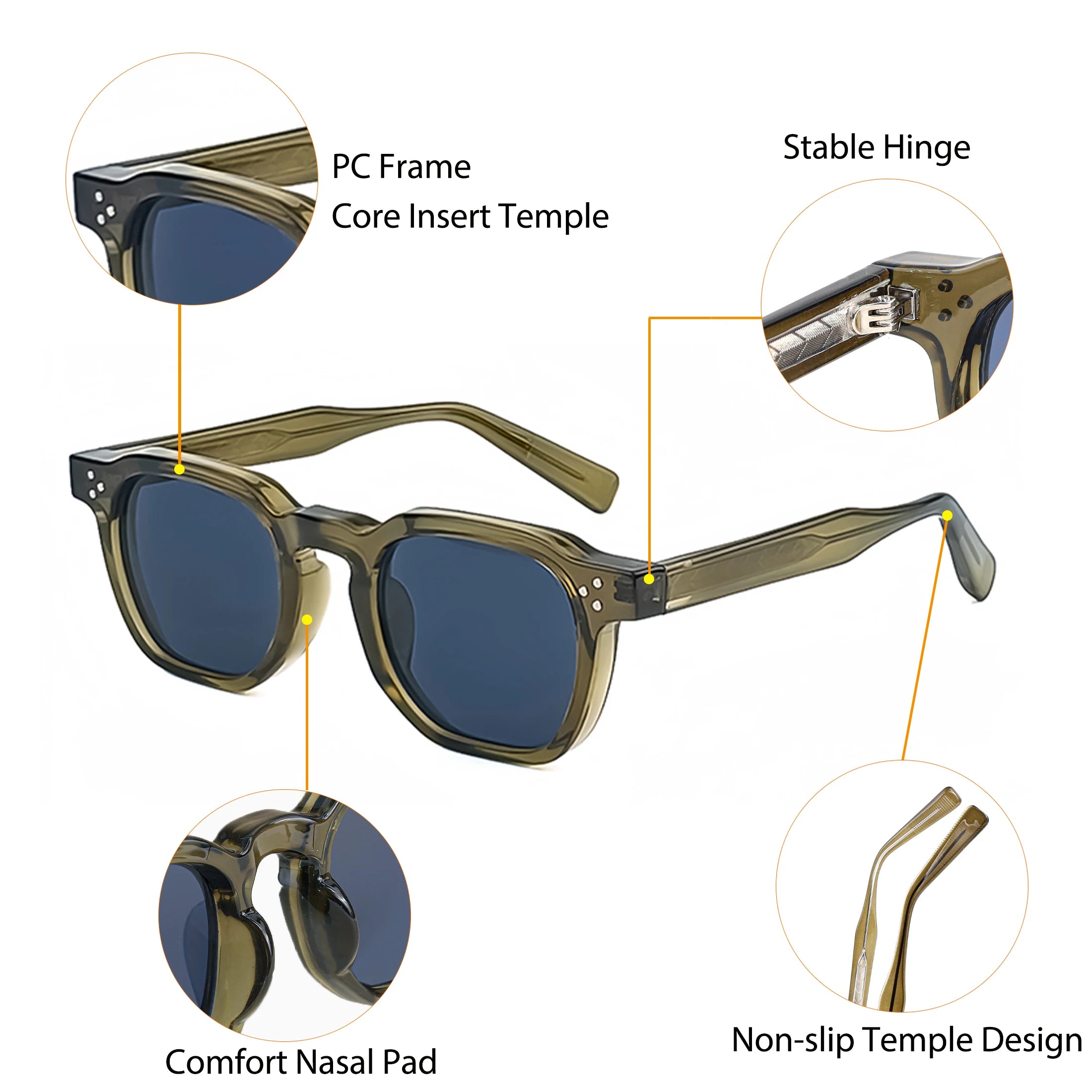 CATERSIDE retro sunglasses showing reinforced hinge and crystal frame detail for everyday durability