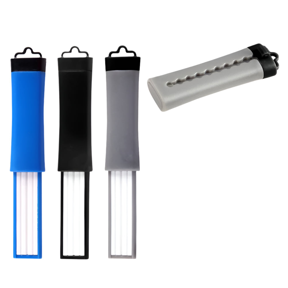 Ceramic fishing hook sharpener tool with blue black and grey handles