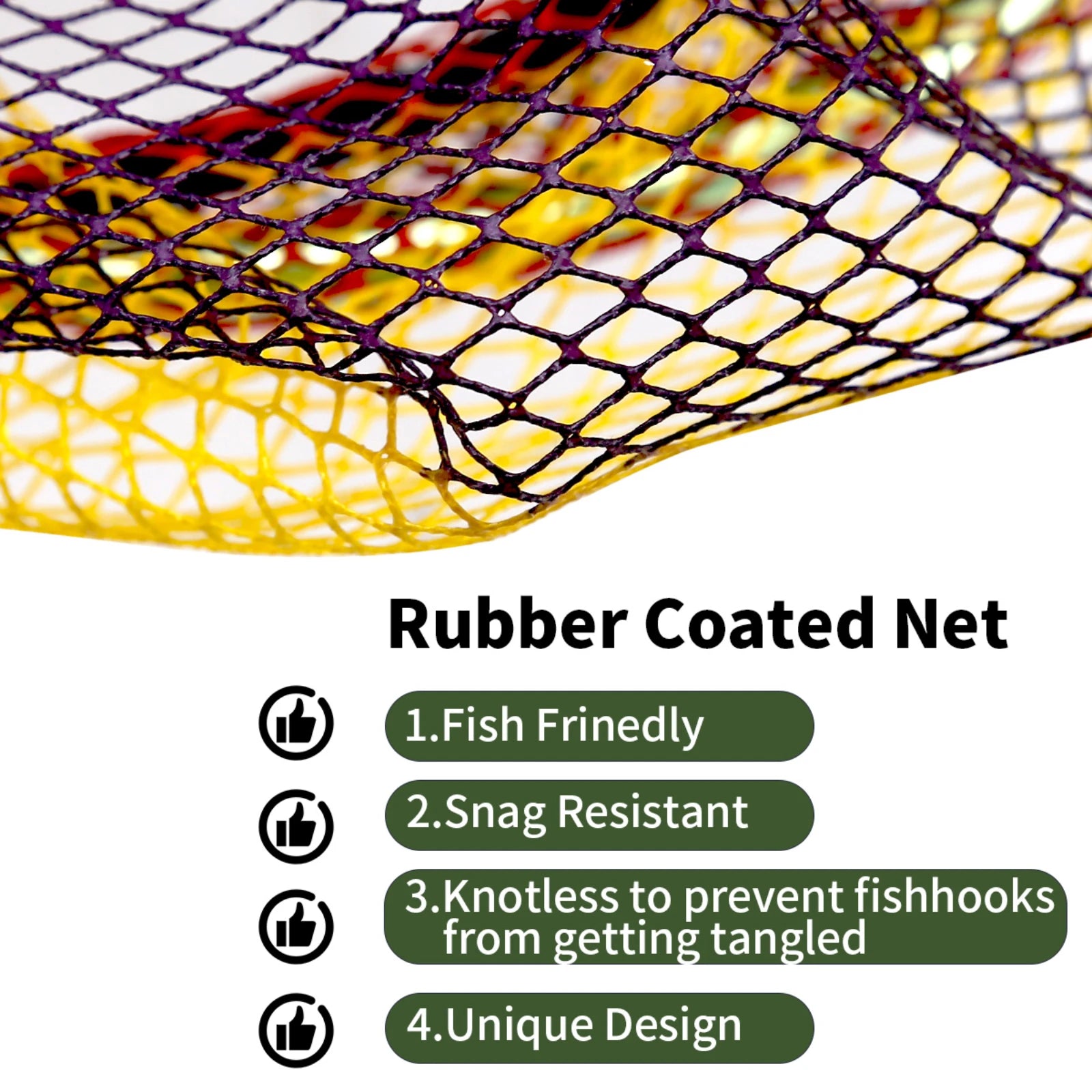 Rubber coated net with text highlighting features on a white background
