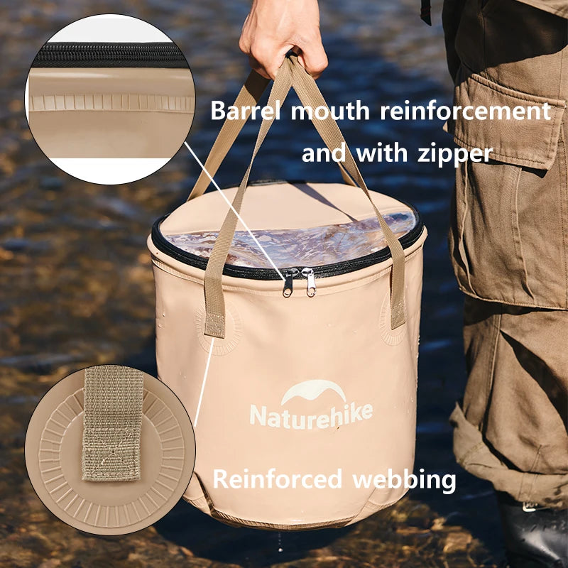 Collapsible camping bucket with carry handle detail