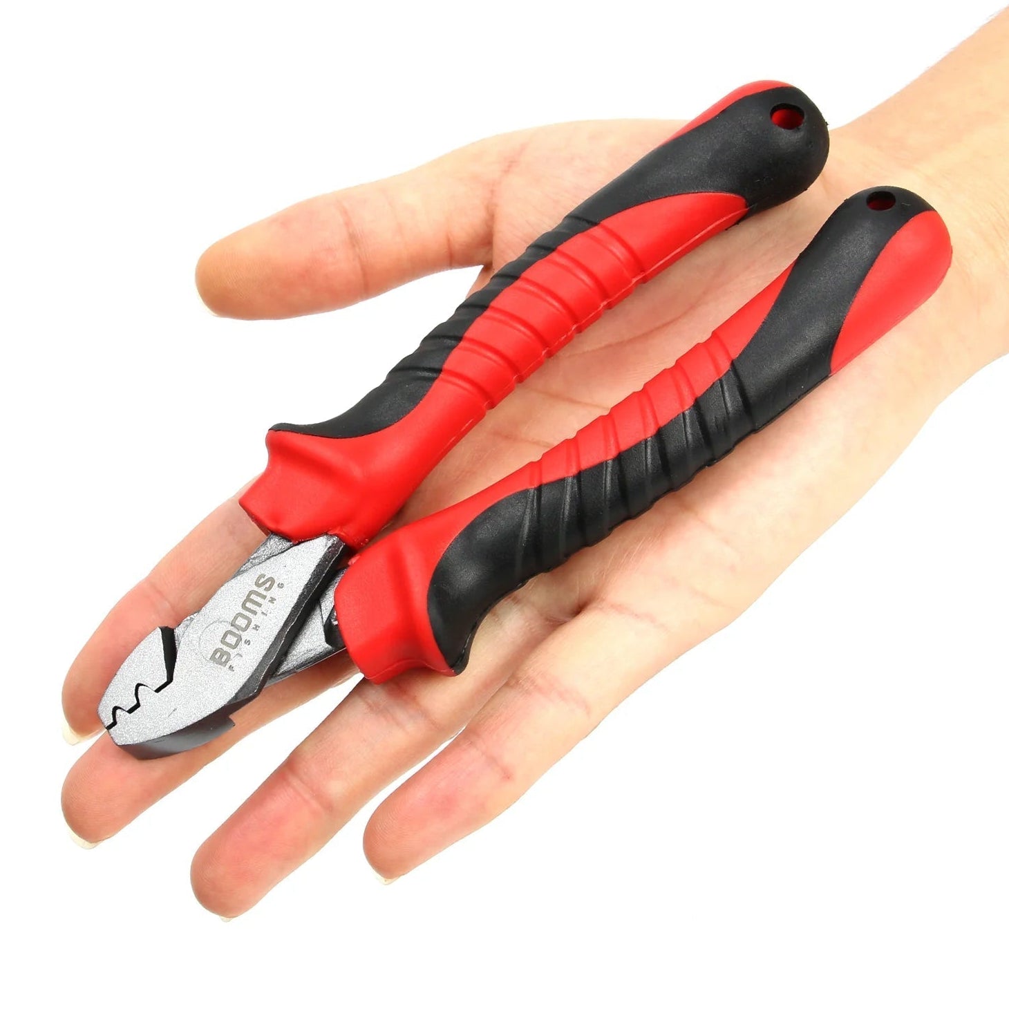 Compact fishing crimping pliers tool shown in hand