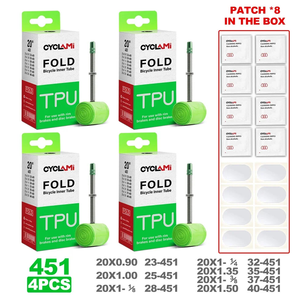 CYCLAMI TPU inner tube for 349 and 355 wheel sizes with repair patches