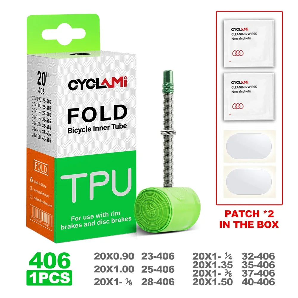 CYCLAMI fold bike TPU inner tube size parameters for 16, 18, and 20 inch wheels