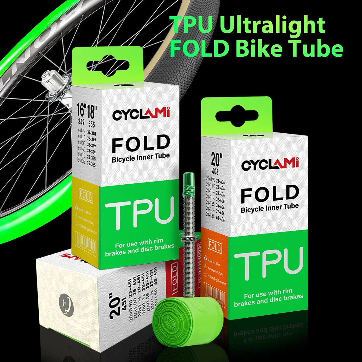 CYCLAMI TPU inner tube packaging with patch kit and French valve