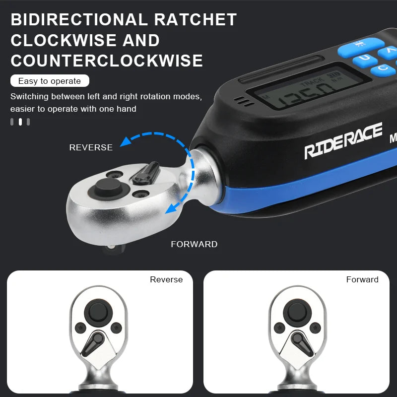 Digital torque wrench ratchet head showing clockwise and counterclockwise use