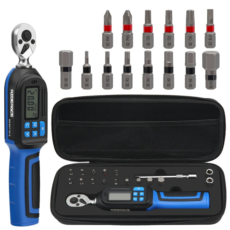 Digital torque wrench set with bits, case, and wrench body laid out