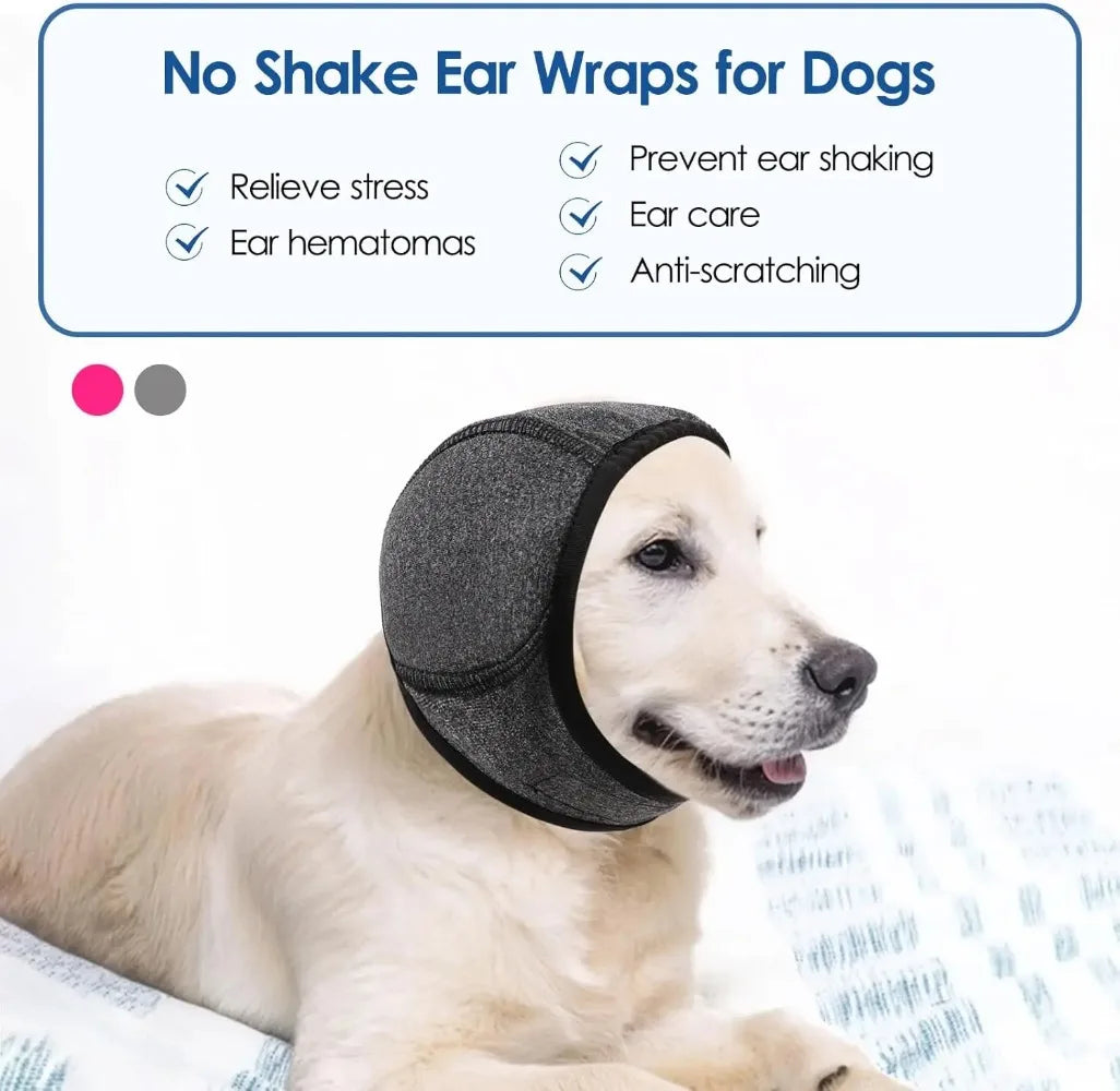 Dog wearing grey ear hood side profile