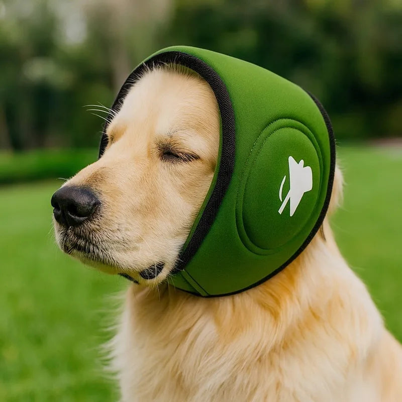Golden retriever wearing green dog hearing protection hood