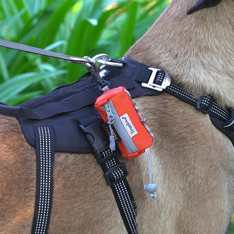 Dog poop bag holder clipped to harness