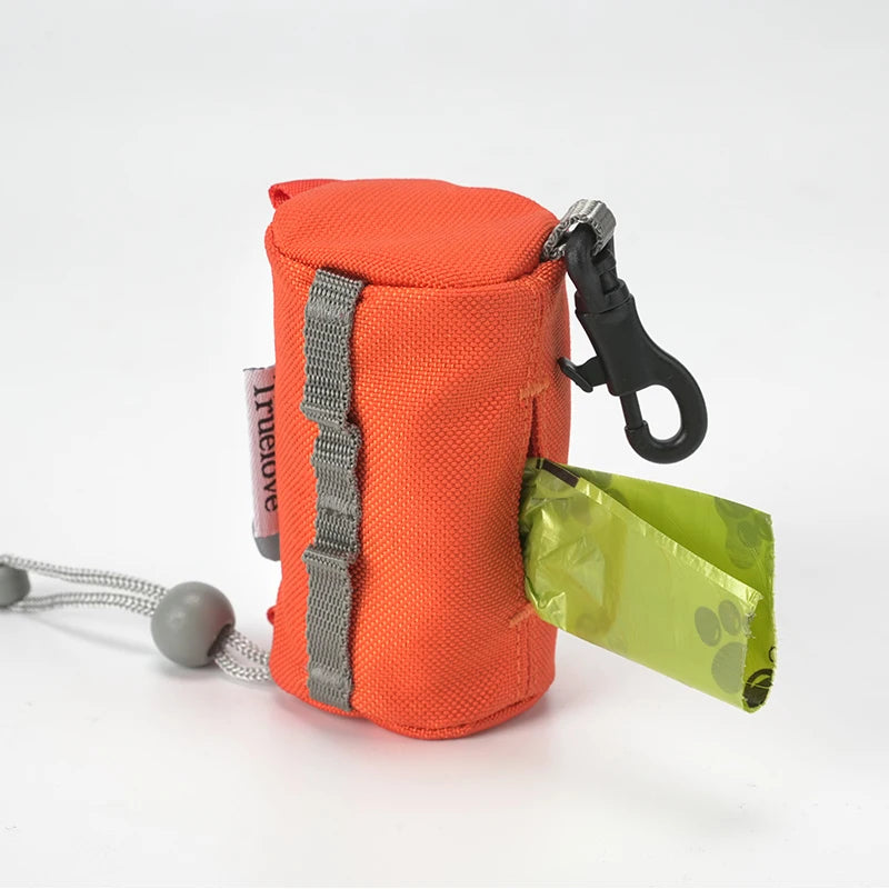 Orange dog poop bag holder with bag dispenser