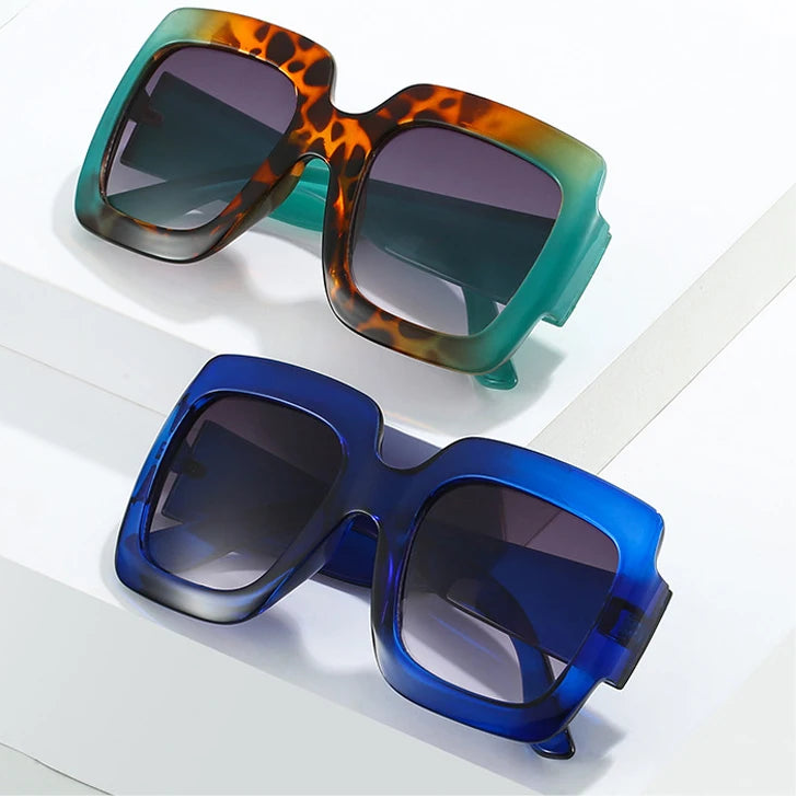 DOHOHDO oversized square fashion sunglasses in tortoiseshell green and deep blue frames with gradient UV400 lenses for streetwear style