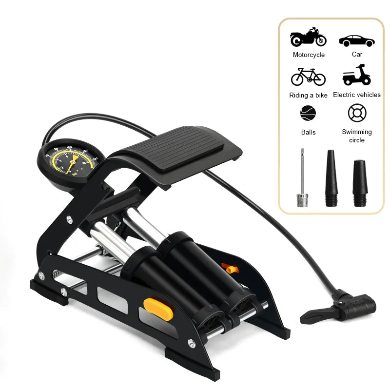 Double barrel foot bike pump with pressure gauge on black frame