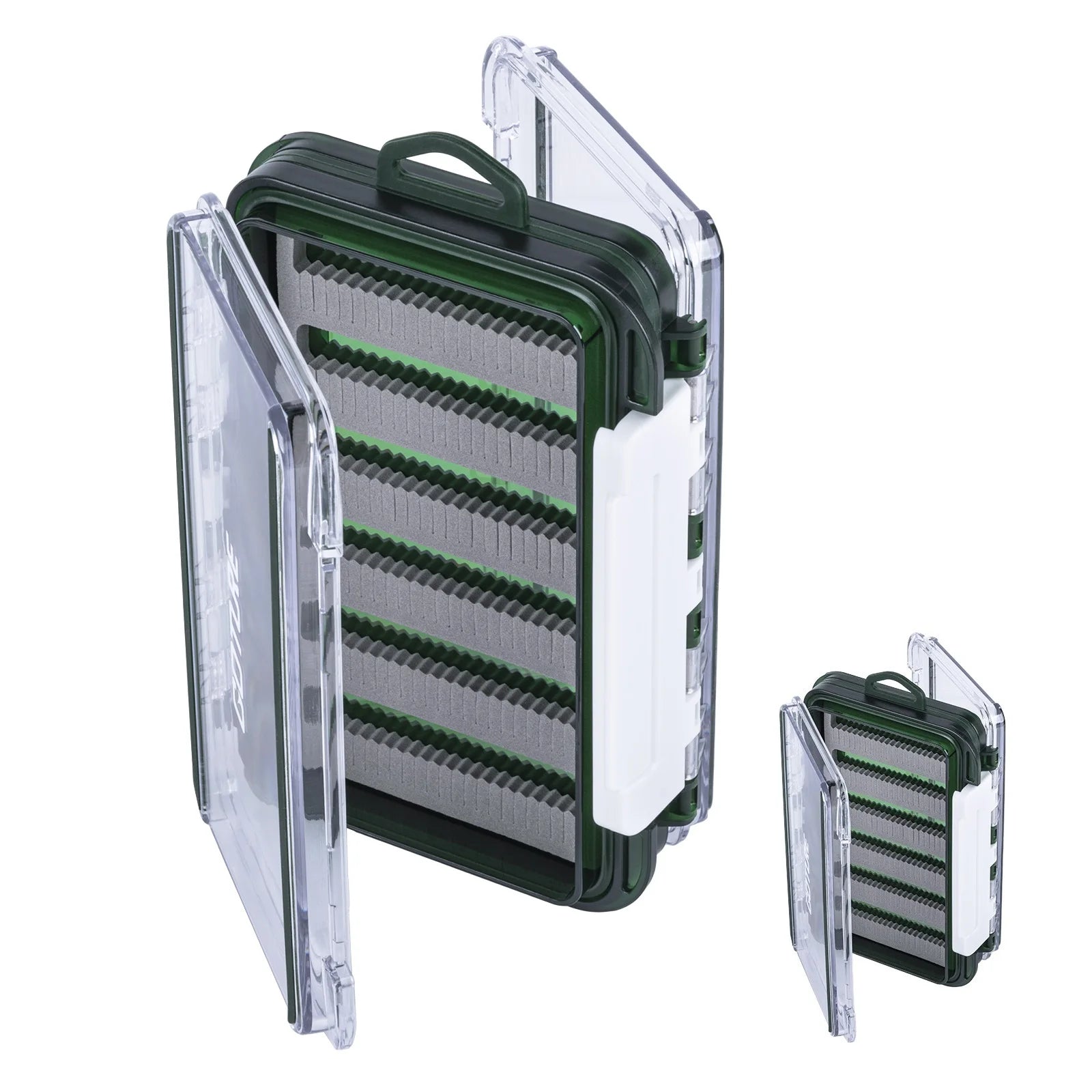 Double sided fly fishing storage box with foam fly slots