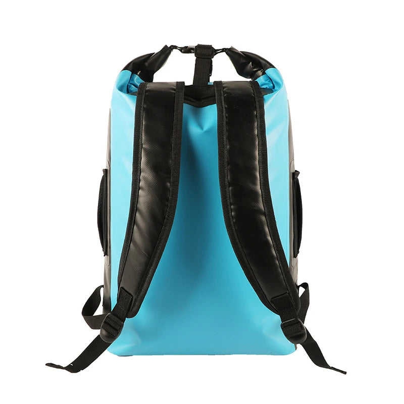 Waterproof dry bag backpack rear strap system