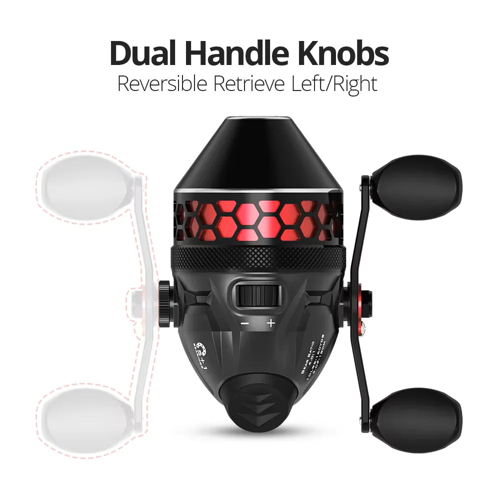 Top view of spincast reel with dual handle knobs for balanced retrieve and reversible left or right hand orientation