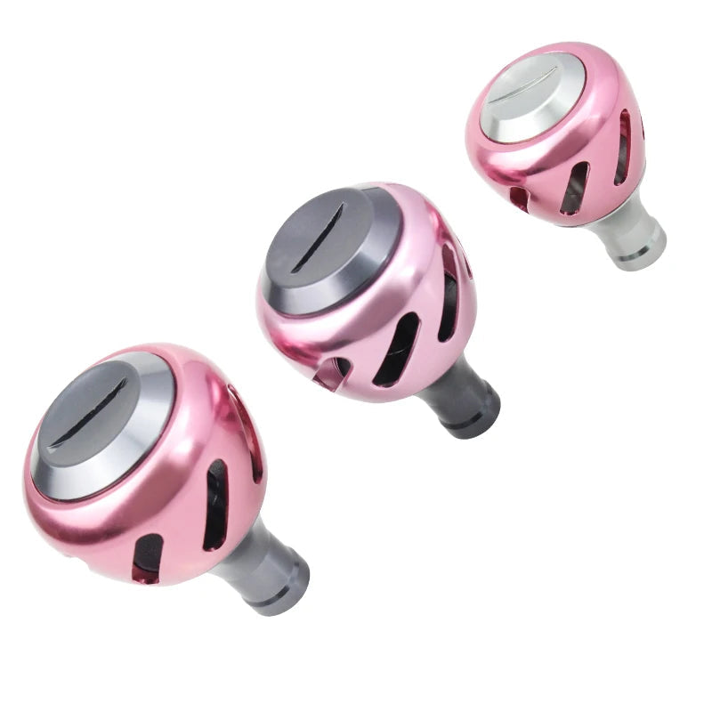 EKFAN aluminium alloy reel handle knobs in silver and pink showing lightweight design and ergonomic grip for spinning reels
