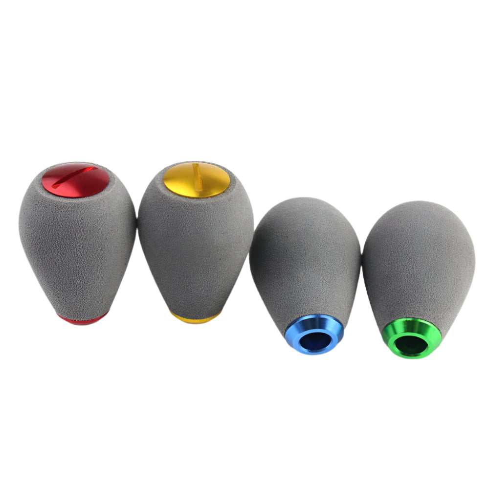 EVA reel handle knob set showing red, blue, gold, green, and purple accent options for spinning and baitcasting reels