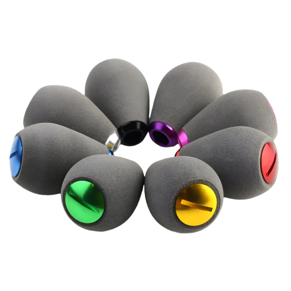 EVA fishing reel handle knobs in multiple colours showing aluminium accent and soft textured grip for comfort and control
