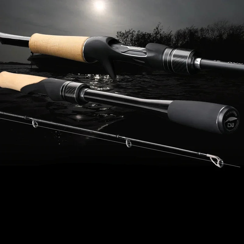Fast action carbon fishing rod with cork handle resting over water, showing lightweight design and premium build