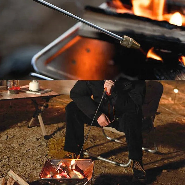 Telescopic blow tube beside outdoor campfire cooking setup