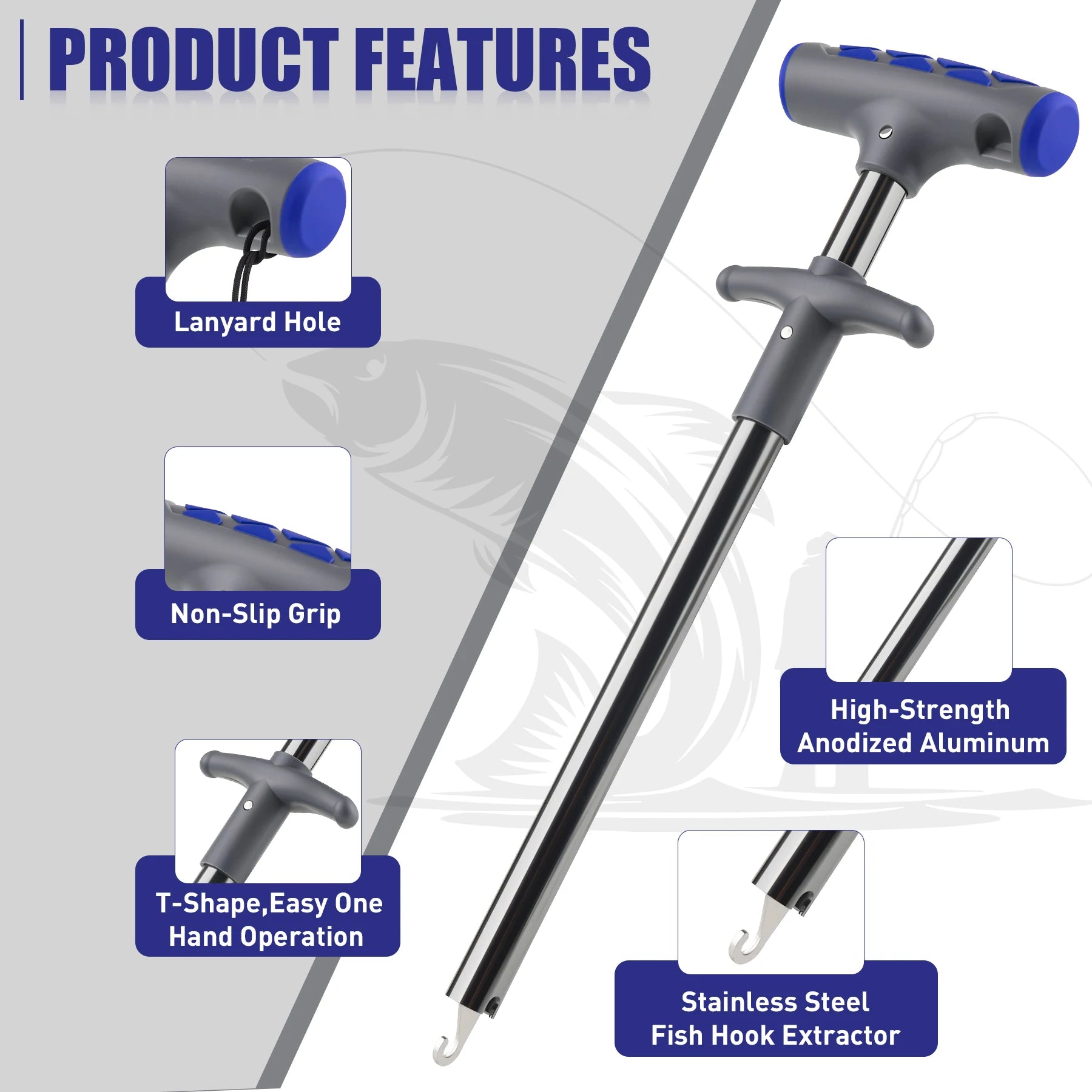 Aluminium fish hook remover showing handle grip and extractor tip