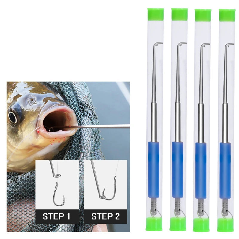 Fish hook remover tool sliding down line to remove hook from fish