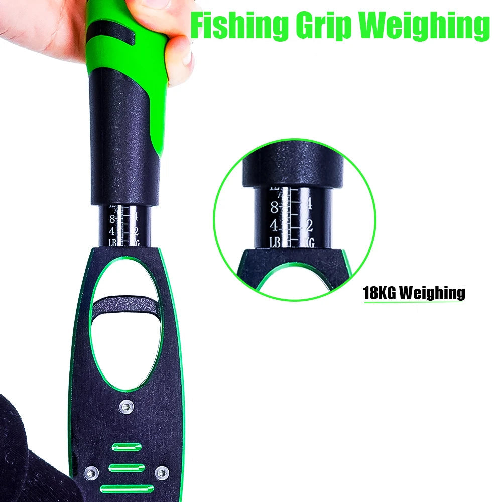 Close-up of fish lip gripper handle showing built in fishing scale display