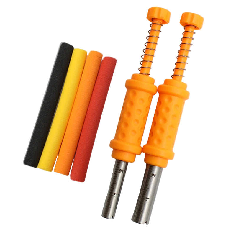 Fishing bait corer set with orange handles and coloured foam sticks for rig and boilie preparation