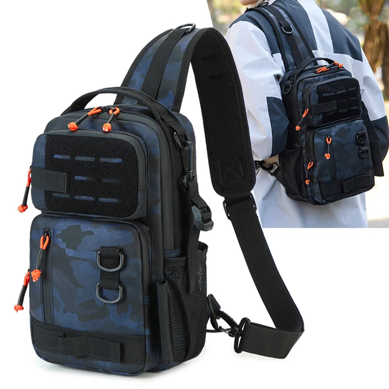 Camo fishing chest sling bag worn crossbody