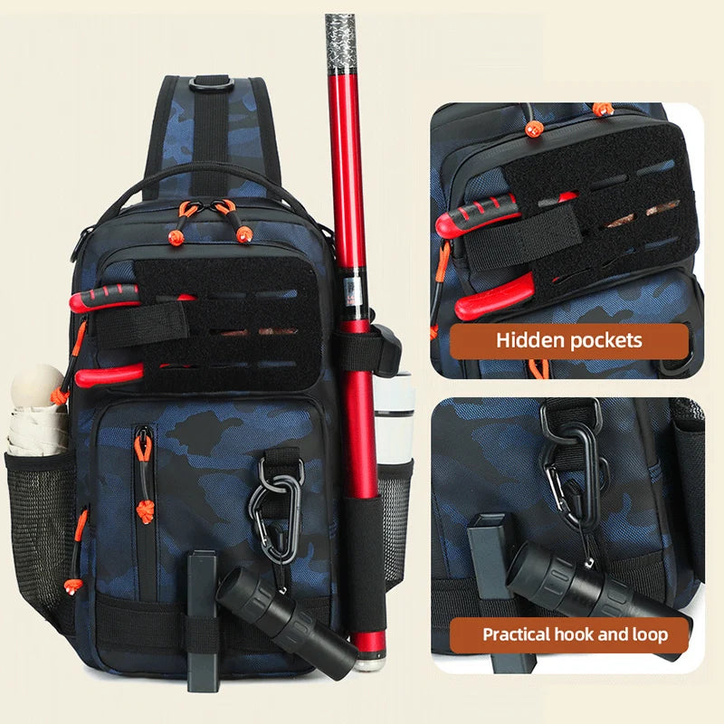 Fishing chest sling bag pocket layout and storage