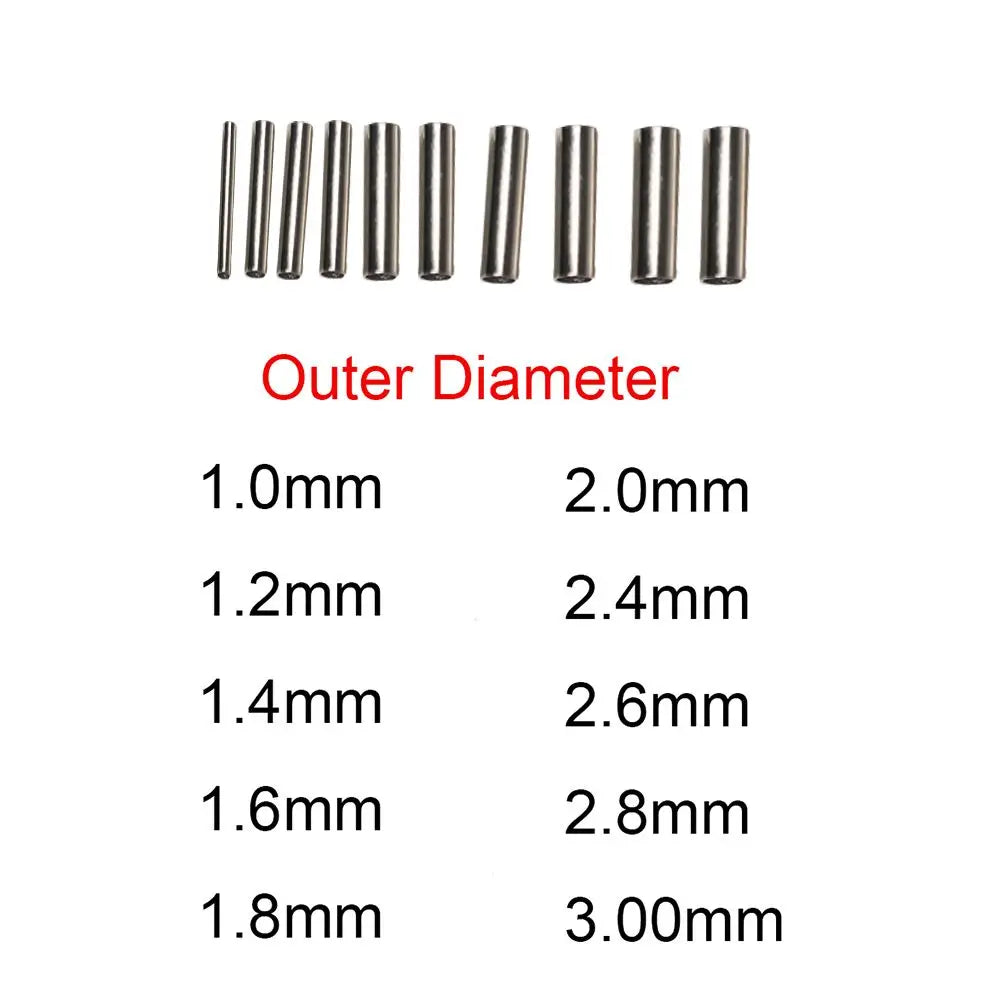 Size chart showing outer diameters of fishing crimp sleeves from 1.0mm to 3.0mm