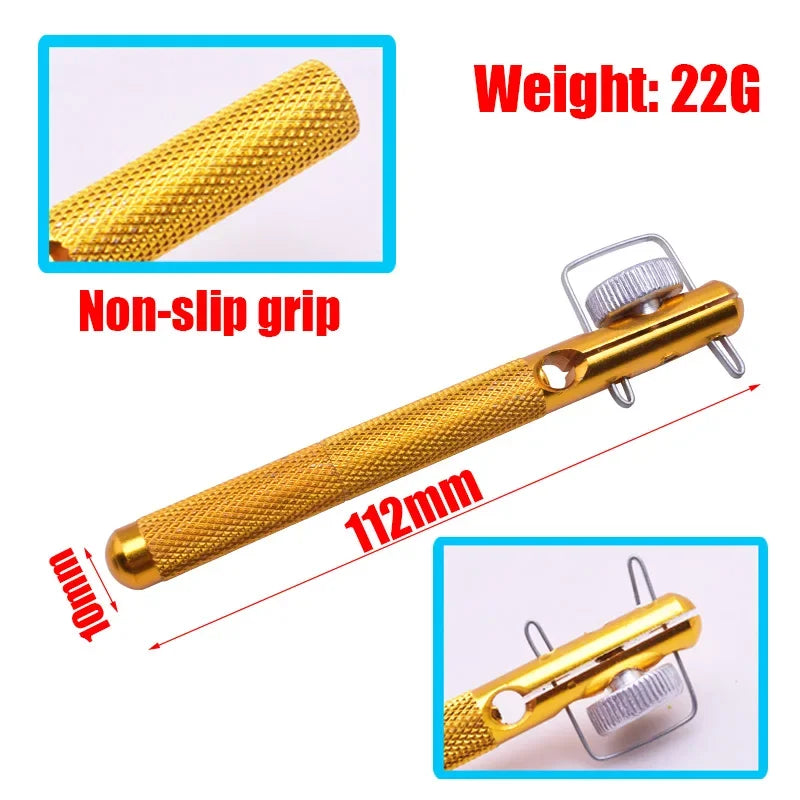 Aluminium fishing knot tying tool showing size and grip detail