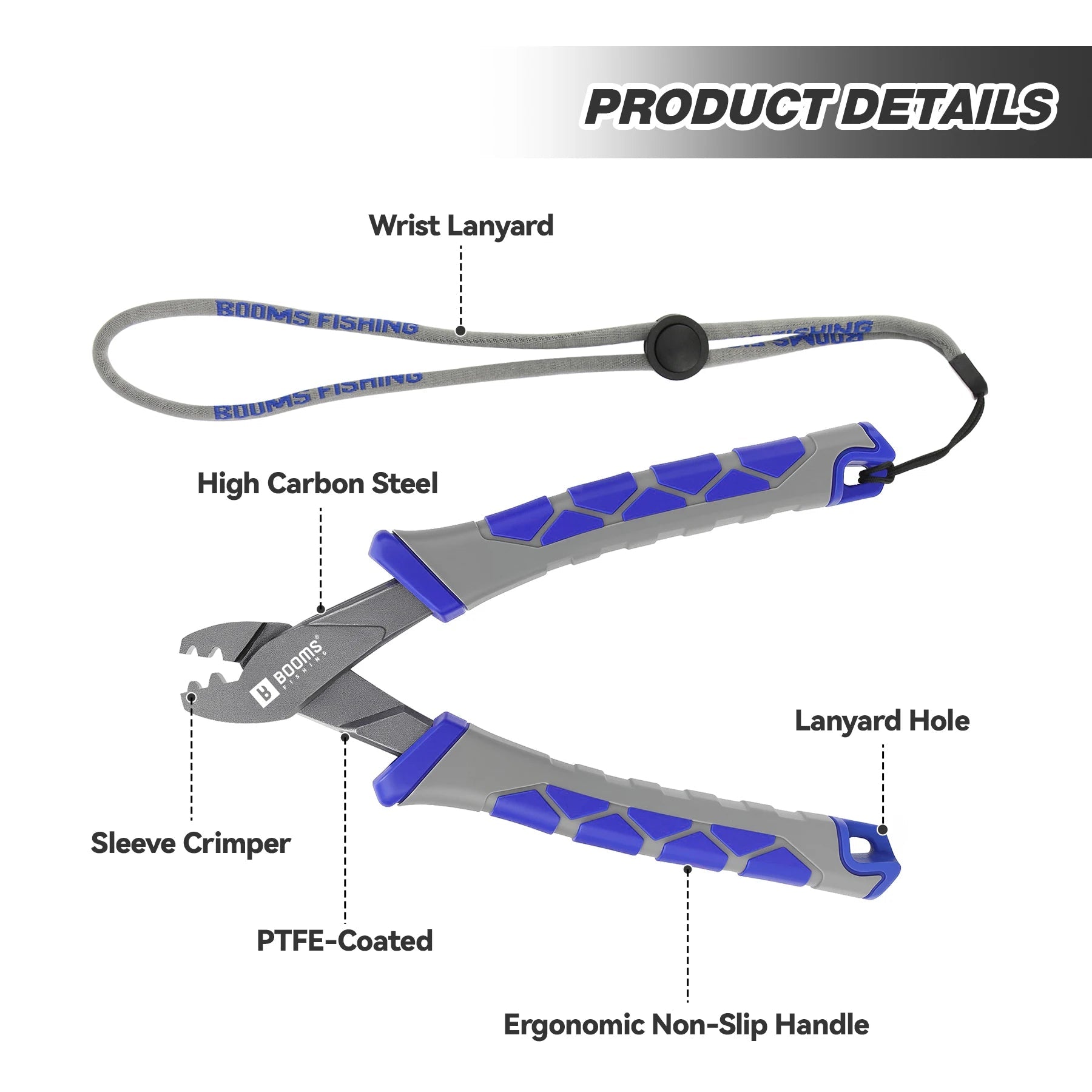 Leader crimping pliers with non slip handle and lanyard attachment