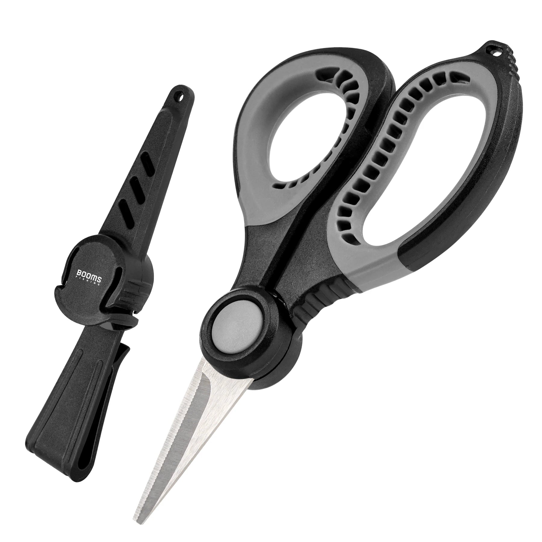 Fishing line scissors with sheath and built-in hook sharpener tool