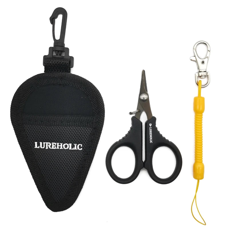 Fishing line scissors with safety lanyard and storage pouch