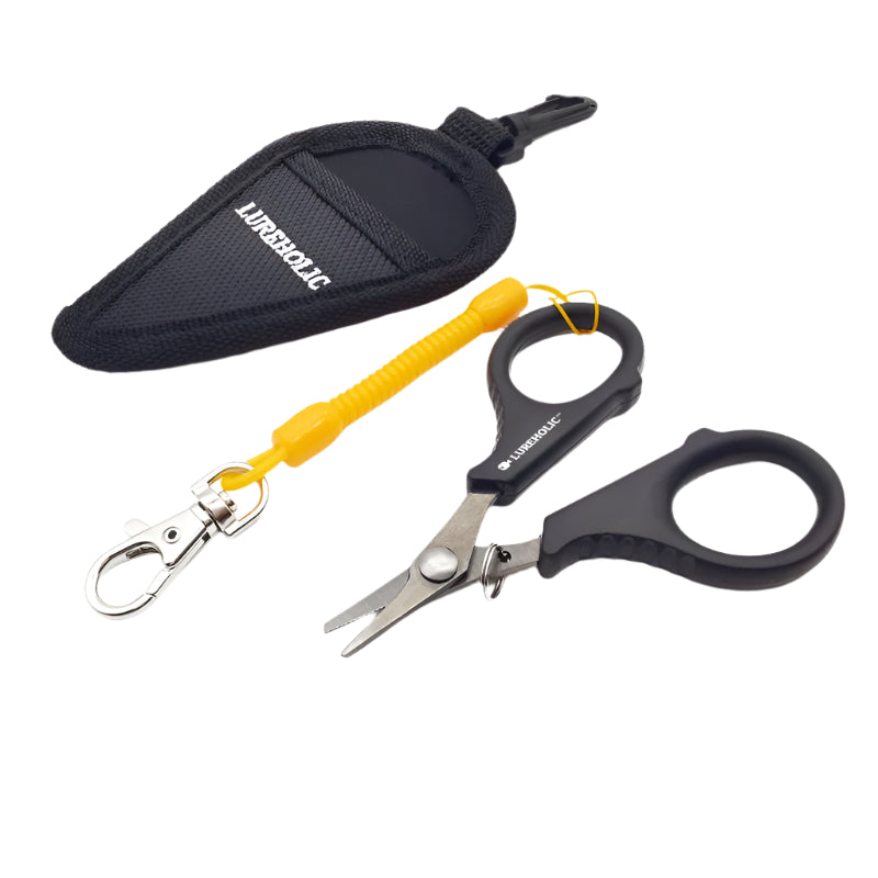 Compact fishing line scissors with coiled lanyard and protective sheath