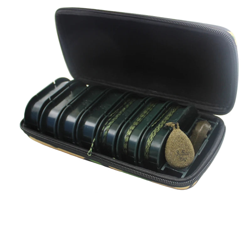 Open tackle storage box with multiple rig spools inside for easy access